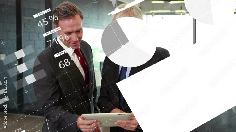 Poster animation of financial data processing over caucasian colleagues using tablet in office