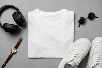 White T-shirt and sneakers, headphones and watch on gray background top view