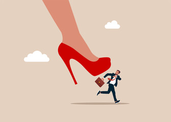 Fototapeta na wymiar Employee is afraid of the big female foot. Demoralised employee. stress with businesswoman. Flat vector illustration