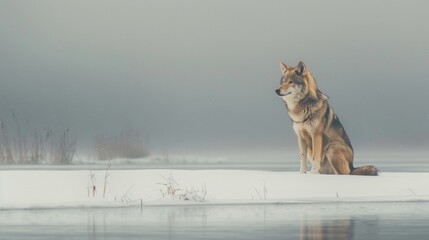 A lone wolf sits atop a frozen lake its sharp eyes scanning the surface for any movement. In the distance a few brave plants poke out from under the snowy ground offering