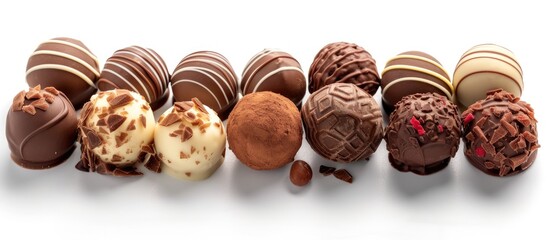 Obraz premium A group of rich and decadent chocolate truffles is neatly arranged in a row against a white background. Each truffle exudes a glossy sheen, showcasing its unique flavors and fillings. The assortment
