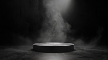 Podium or pedestal with smoke in the dark concrete floor grunge texture background, Gray textured concrete platform, light, fog, asphalt, copy space, generative ai