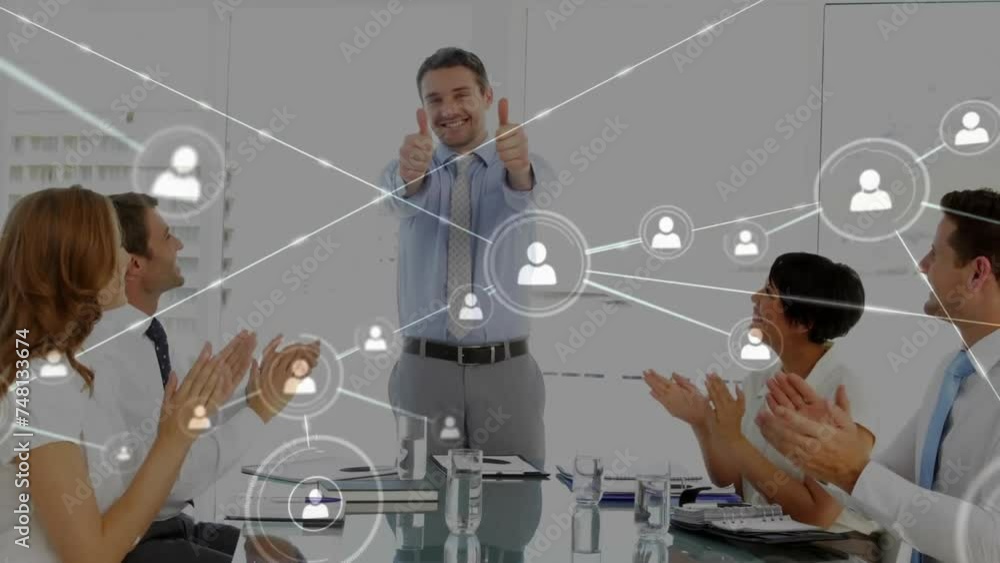 Poster animation of network of connections over diverse colleagues clapping at meeting in office