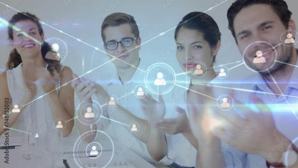 Poster animation of network of connections over diverse colleagues clapping at meeting in office