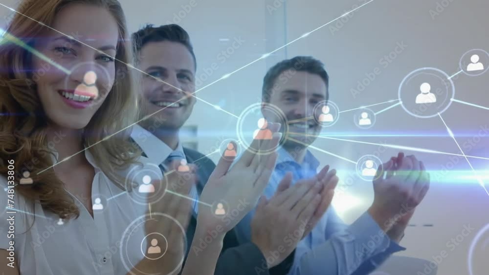 Poster animation of network of connections over diverse colleagues clapping at meeting in office