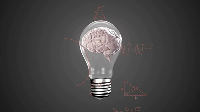 Animation of mathematical equations over digital brain in light bulb on black background