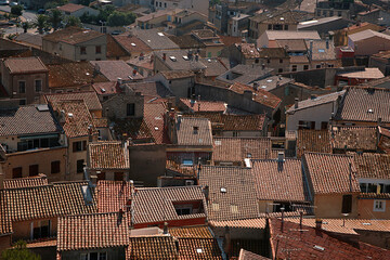 Jumble of roofs, seen from above from the Tour Barberousse (Redbeard's Tower), Gruissan village, Aude, Occitanie, France