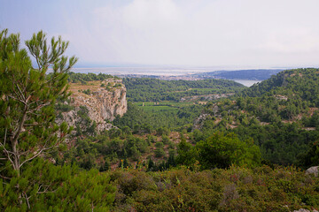 View over the town of Gruissan from a cliff on the Massif de la Clape, an upland area with views to...