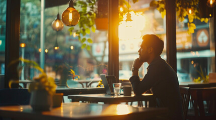 A business professional in a cafe, seamlessly conducting a video conference thanks to 5G's low latency, 5G networks rollout, blurred background, with copy space
