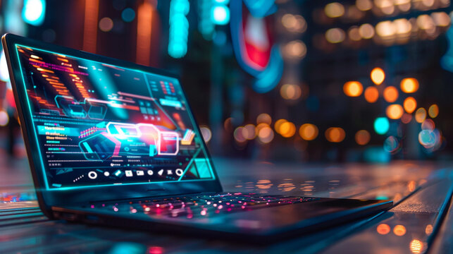 A laptop displaying a 5G speed test, with impressive download and upload speeds, demonstrating the network's capabilities, 5G networks rollout, blurred background, with copy space