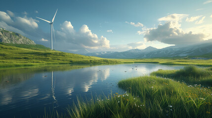 a wind turbine in an idyllic landscape in front of a lake - obrazy, fototapety, plakaty
