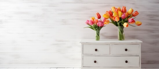 A white dresser is neatly arranged with two vases, each filled with fresh flowers. The flowers add a touch of color and life to the minimalistic interior setting.