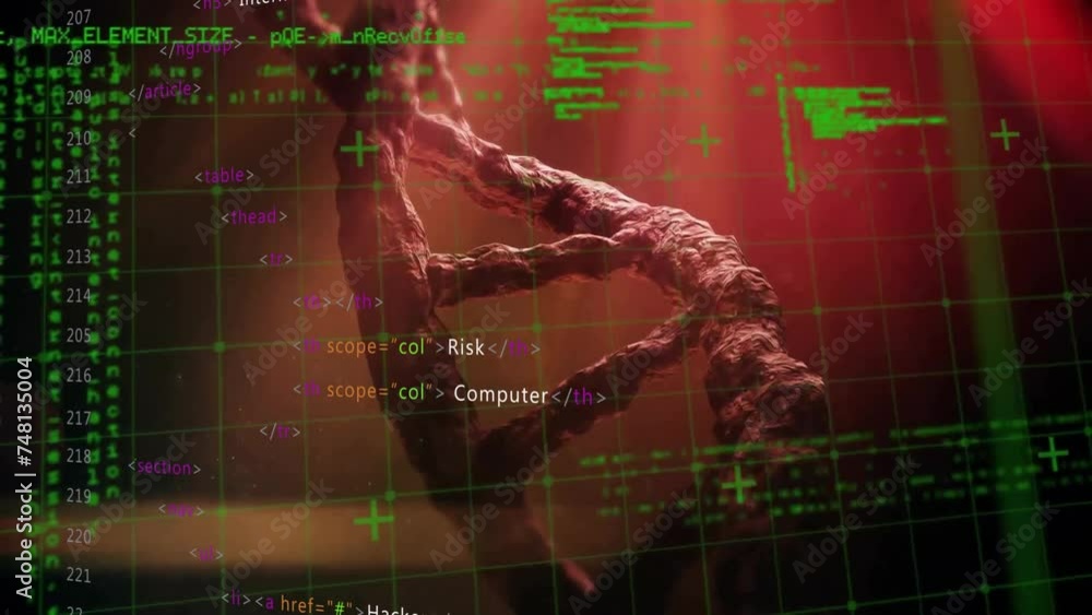 Poster animation of data processing over dna strand on red background