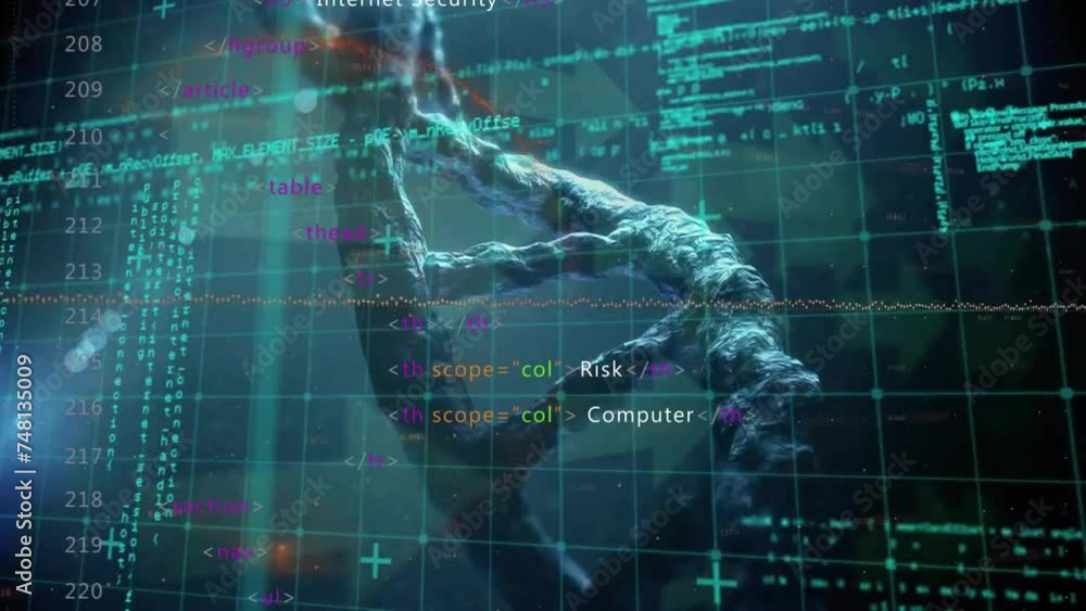Aufkleber animation of data processing over dna strand on black background