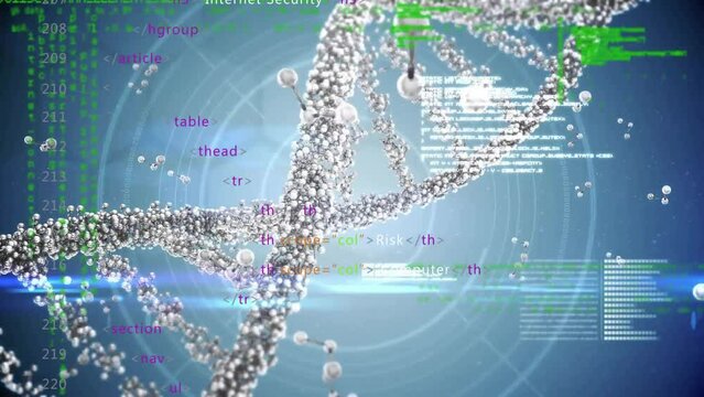 Animation of data processing and molecules over dna strand on blue background