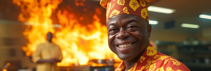 Man Wearing Red and Yellow Hat in Front of Fire - obrazy, fototapety, plakaty
