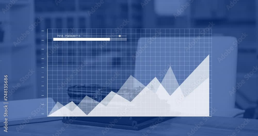 Poster animation of financial data processing over desk in office
