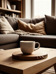 Fototapeta na wymiar Coffee cup on a wooden coffee table in a cozy neutral living room. Warm room with soft furnishings