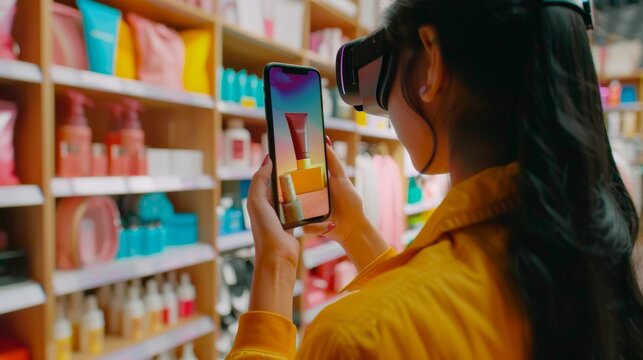 Woman in yellow using virtual reality goggles to interact with product display in a cosmetic store