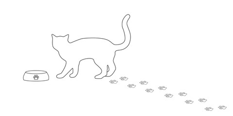 Silhouette of a cat and a bowl with paw print trail on a white background. Vector illustration, web design object.	
