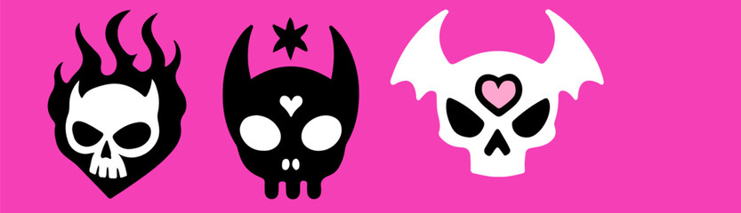 Set of cute creepy skulls on a pink background. Vector elements for flash tattoos and stickers.