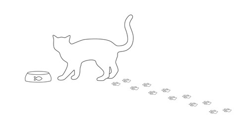 Silhouette of a cat and a bowl with paw print trail on a white background. Vector illustration, web design object.	