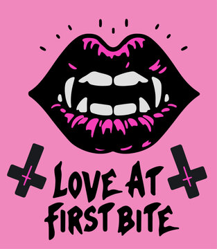 Black vampire lips on a pink background with a hand-drawn "love at first bite" inscription.
