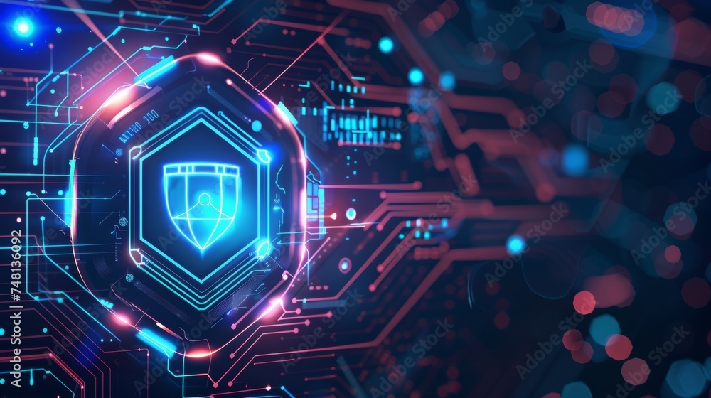 Poster digital security concept with glowing padlocks over a network grid, representing data protection