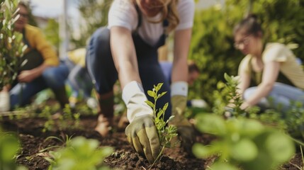 Community gardening project with diverse group of people planting in urban green space