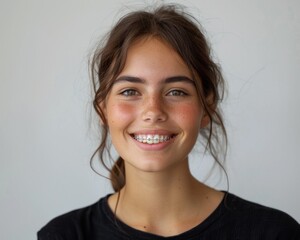 Caucasian girl with brown hair and light eyes, with freckles, smiling and showing her teeth with braces - obrazy, fototapety, plakaty