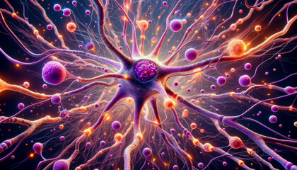 A colorful depiction of a neuron with extended dendrites surrounded by synaptic activity, showcasing neural communication. Neuron Network with Synaptic Activity
