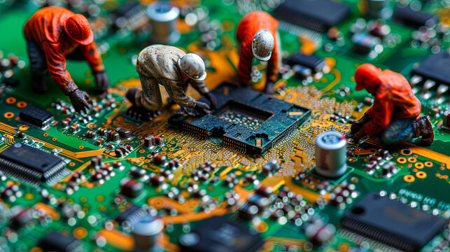 Workers on the packaging line of electronics are laid on the finished product on the conveyor f
