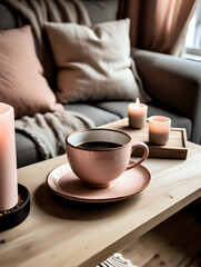 Fototapeta na wymiar Pink cup of coffee in warm living room with candles and neutral bohemian interior