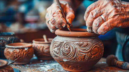 An individual is working on a pottery wheel, shaping clay into various pots and containers on a wooden table