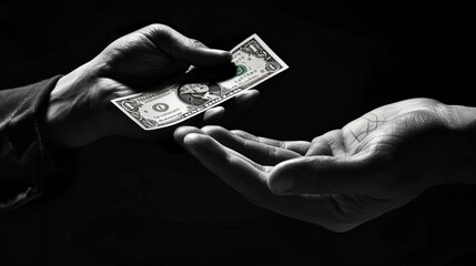 A person handing a dollar bill to another person, symbolizing a transaction or act of kindness - obrazy, fototapety, plakaty