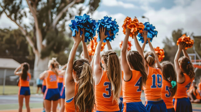 A group of girls dressed in orange and blue cheerleading uniforms, energetically performing cheers and synchronized routines at a sporting event
