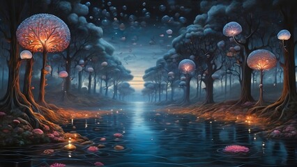 surreal depiction of a brain-shaped forest at twilight, where luminous thought-bubbles bloom like exotic flowers tranquil river of mindfulness flows created with generative ai - obrazy, fototapety, plakaty