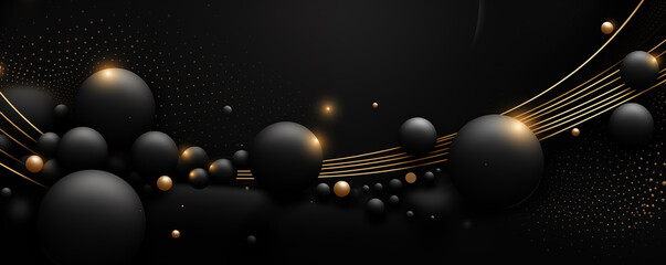 abstract background with black and gold 3d spheres, banner with copy space