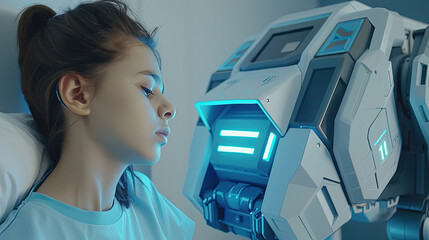 A young girl is laying in bed next to a robot, both seemingly in a relaxed position. The robot appears to be inactive, providing an interesting contrast with the girls presence