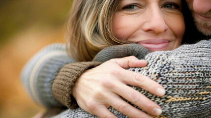 Mature man and woman embrace in a warm hug, expressing affection and closeness towards each other in a loving manner