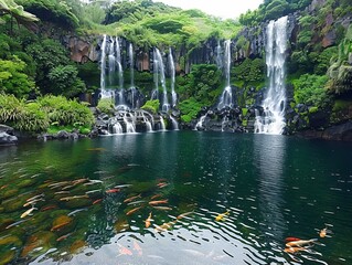 4 waterfalls to pond of fish-on a pacific island