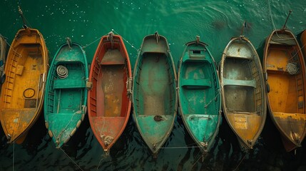 Small colored wooden boats anchored on the beach.
