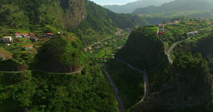 Aerial view of incredible mountain landscape of the small settlement of Faial on the island of Madeira, Portugal