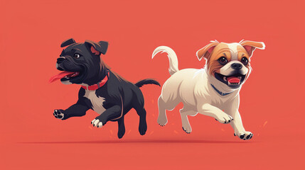 two dogs running un a beautiful vector with red background, dogs smiling
