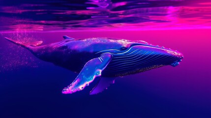 Minimal neon style background of lonely blue whale.