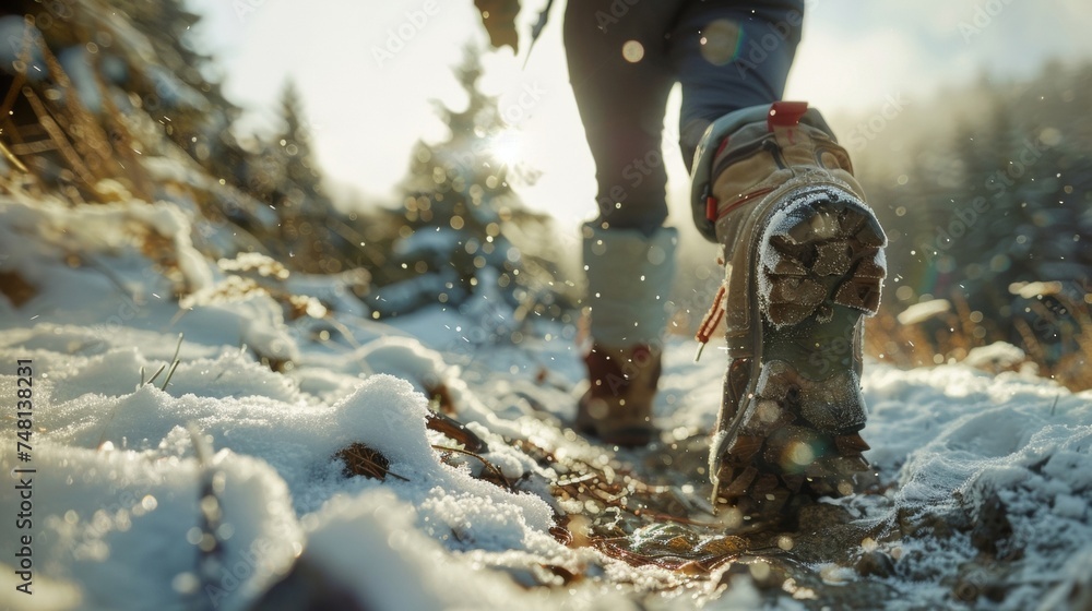 Poster a lone hiker navigates way through snowcovered trails the weight of pack and the harsh elements test