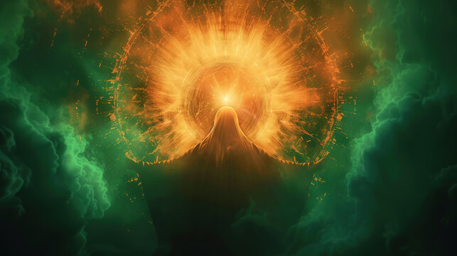 Orange colored light and green colored light in a radial burst of holy godly halo lights eminating from the center of the image. AI generated