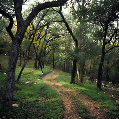 Fototapeta premium Path through the woods, forest, and park with lush green trees, foliage, and a variety of natural surroundings in different seasons