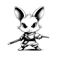 Black and white drawing of a ninja rabbit Cute cartoon for design