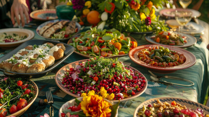 The table also featured colorful salads and vegetable dishes providing a balance to the rich and hearty meat dishes. These healthier options reflected the importance of selfrestraint - obrazy, fototapety, plakaty